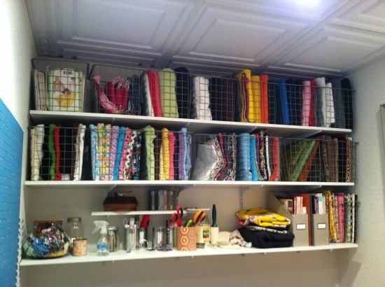 Shelves at the end of the laundry room.