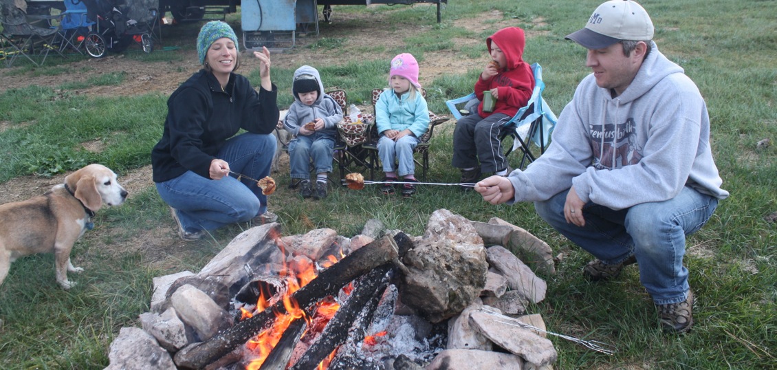 Warming up breakfast muffins on the fire. Pretty chilly morning.